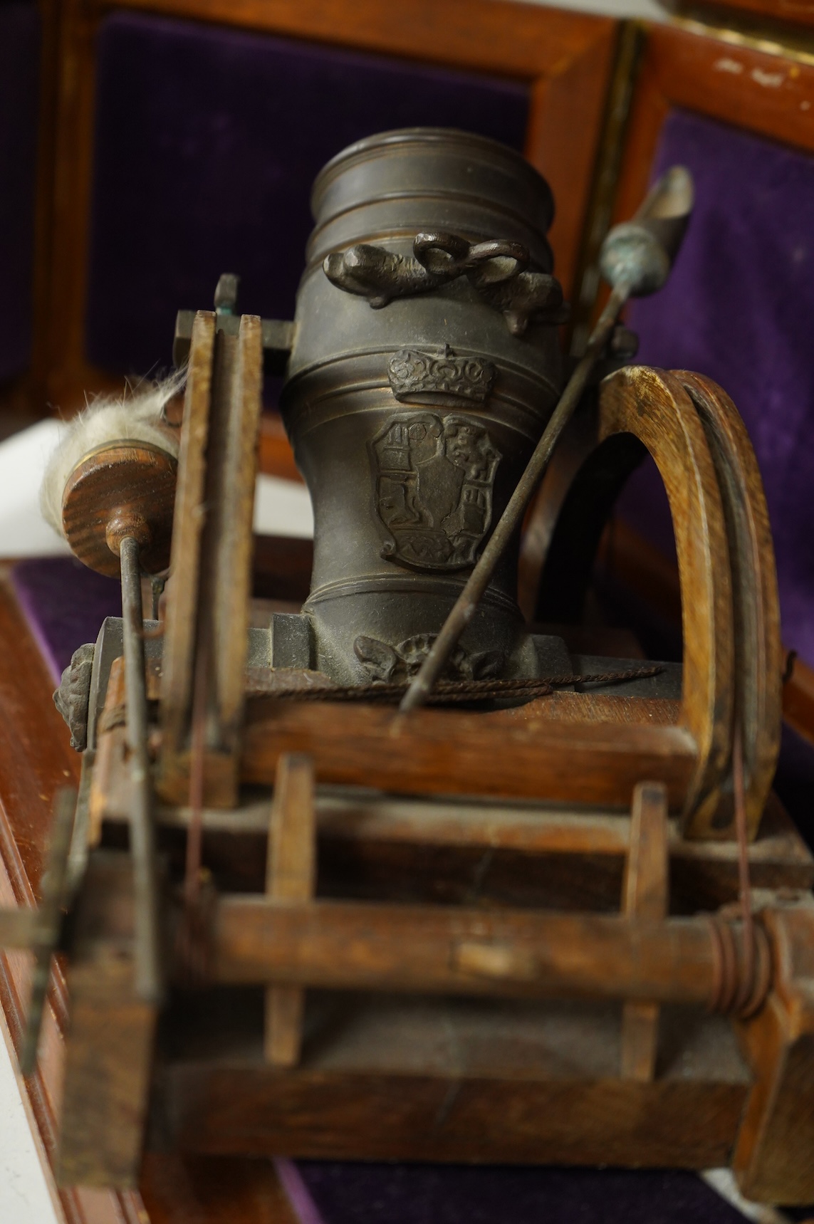 A teak cased presentation model of a bombarda mortar cannon in an oak frame, presented to Admiral Sir Michael Pollock from the Chief of Staff of the Italian Navy, with applied plaque to the lid engraved; ‘To Admiral Sir